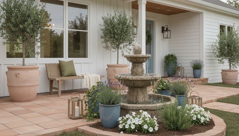 Aménagement extérieur devant maison : 9 idées et budget 2026 : Ajouter un point d'eau ou une fontaine décorative